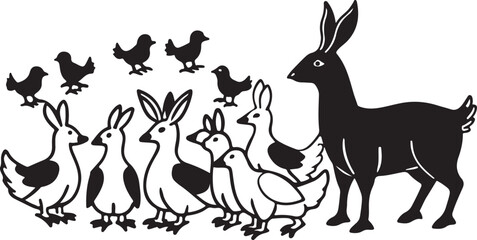 Cute cartoon vector silhouette illustration of a deer and rabbit