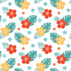 Tropical Floral Pattern with Hibiscus and Palm Leaves