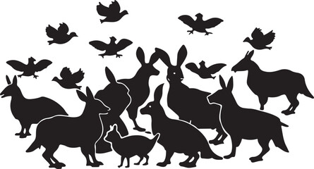 A collection of black animal silhouettes, featuring farm animals like a horse, cat, dog, and rabbit, alongside wild creatures such as a deer and bird, perfect for vector illustration design