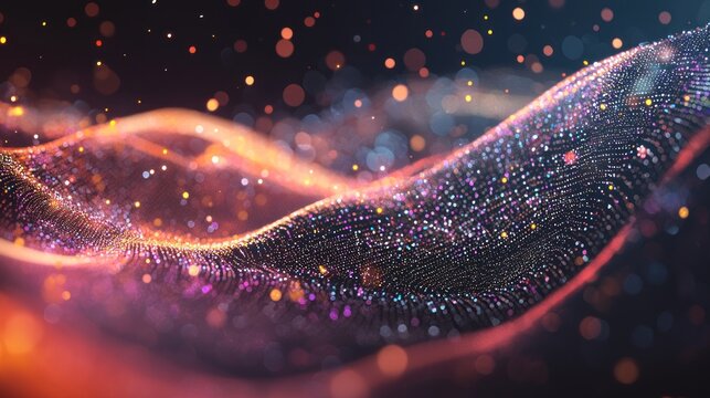 A vibrant, abstract digital wave with a gradient of orange and purple, featuring a dynamic, fluid motion with a few scattered particles and a dark, almost black background.