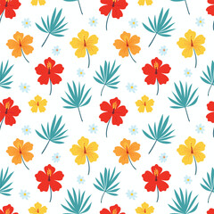 Vibrant Tropical Floral Arrangement with Hibiscus and Palm Leaves