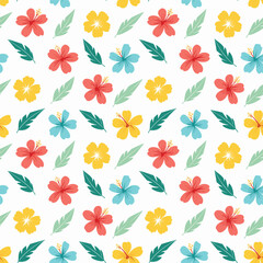 Floral pattern with hibiscus flowers and leaves