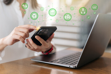 Empowered woman entrepreneur achieves sustainable green business goal integrating ESG concept...