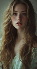 A girl with long, wavy hair, wearing a mint green and light blue gradient colored top, with a simple background