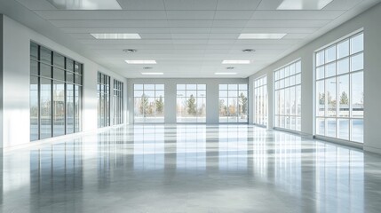 A spacious, empty office with large windows and a clean, white interior.