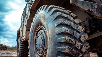 Fototapeta premium Close-Up of a Bulletproof Military Vehicle Tire with Steel Plating