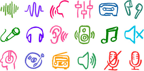 Audio Sound and Music Related Icons Crayon Chalk Drawing Vector Set