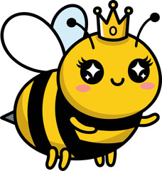 Cute Queen Bee Cartoon with Sparkling Eyes and Crown – Adorable Flying Bee Vector for Kids and Nursery Designs
