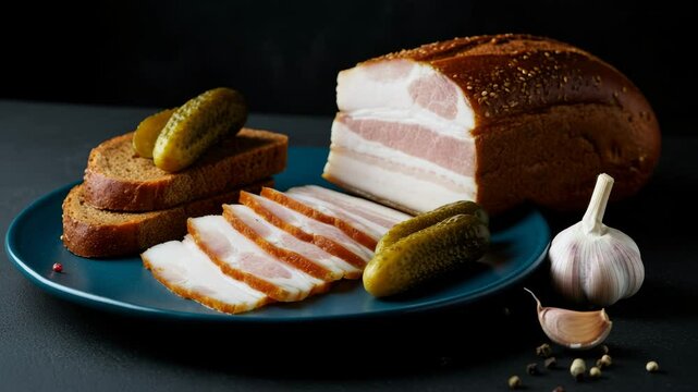 Sliced smoked bacon with rye bread, pickles, and garlic on a rustic wooden table