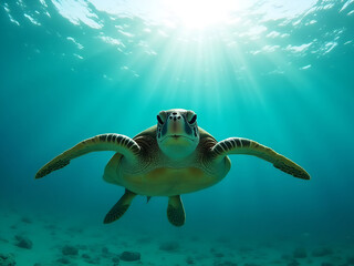 Obraz premium Majestic sea turtle gracefully swimming underwater, bathed in ethereal sunlight filtering through the tranquil ocean depths