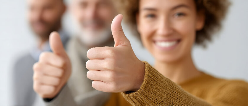 Three people giving thumbs up, smiling, showing positivity and approval with a blurred background.