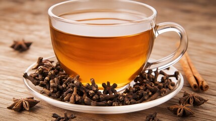 Warm Herbal Tea with Cloves and Cinnamon on Wooden Table Surface