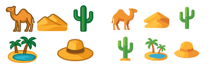 Desert landscape featuring camels, cacti, and tropical elements in a sunny setting