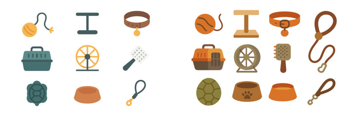 Collection of pet accessories and supplies for various animals displayed on a light background