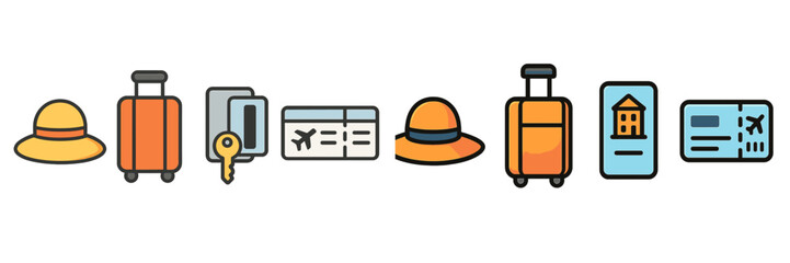 Travel essentials featuring luggage, tickets, hats, and travel accessories displayed in a colorful arrangement