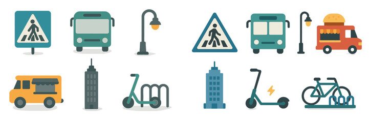 Urban transportation icons showcasing diverse mobility options in a cityscape