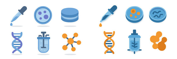 Various scientific icons representing laboratory equipment and biological processes during research activities