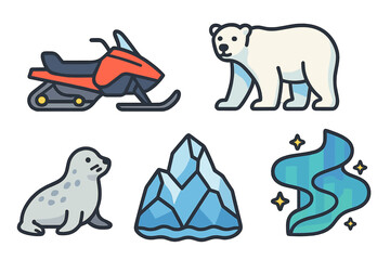 Animal and winter adventure icons featuring polar bear, seal, snowmobile, ice mountain, and aurora in a vibrant design
