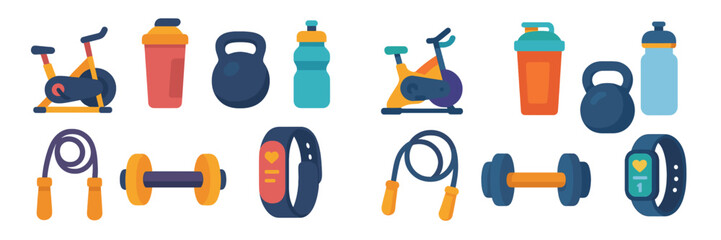 Collection of fitness equipment and accessories on a white background showcasing exercise essentials for a healthy lifestyle