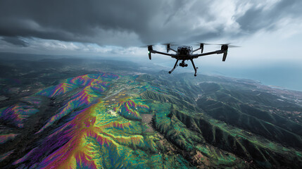 Aerial drone photography of landscape with mountains and ocean under stormy sky for travel blog