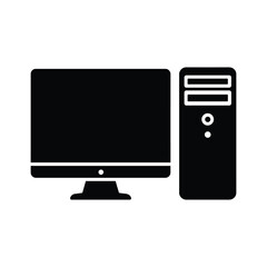 Desktop computer set icon for office or home use, modern pc with monitor and tower unit