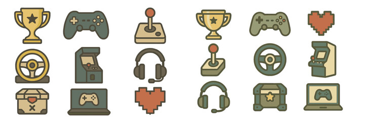 Icons representing various gaming elements including controllers, trophies, and arcade machines in a playful design