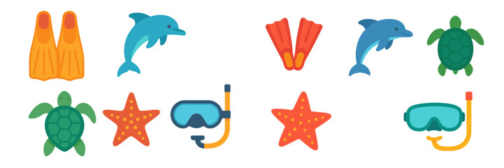 Fun underwater activities with dolphins, turtles, and snorkeling gear in vibrant colors for a summer adventure