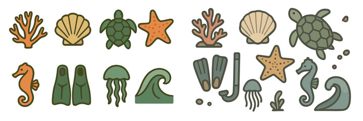 Underwater life elements including turtles, corals, and seahorses depicted with simple designs and bright colors in a playful style