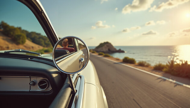 Classic car's side mirror showing a clear view of the ocean road   - Powered by Adobe
