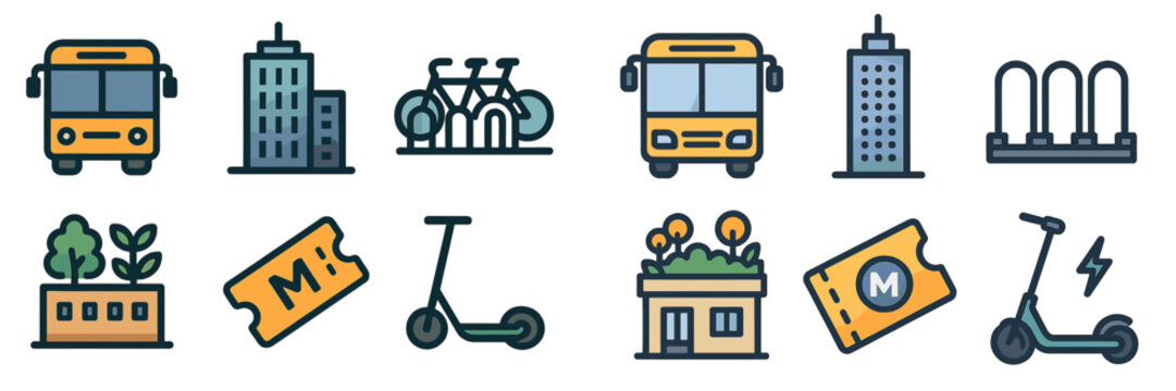 Public transportation icons showcase urban mobility options for commuters and leisure travelers in a modern city setting