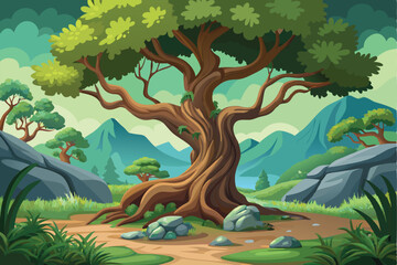Majestic Ancient Tree in Mountain Landscape Illustration