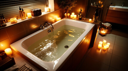 Candlelit Serenity: Overhead View of a Modern Nighttime Bathroom