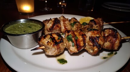Grilled Chicken Skewers with Lemon and Dipping Sauce Served Hot