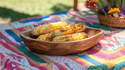 Grilled Corn Bites in Miniature Wooden Bowl on Colorful Tablecloth