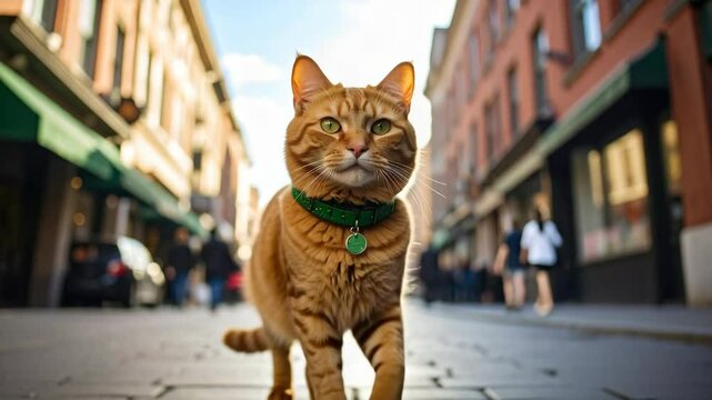 Orange Cat Sitting in the Middle of Urban Street for City Life, Stray Pet and Street Scene