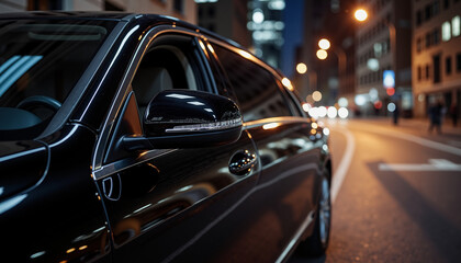 Car's side mirror reflecting city lights with a clear view at night