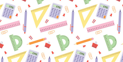 Seamless Pattern of School Supplies. Calculator, Pen, Pencil, Sharpener, Ruler, Triangle, Protractor, Push Pin, Clip. Flat Vector Illustration for Background and Print Design