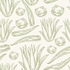 Aloe vera green seamless pattern background. Ecology concept in beauty industry. Natural cosmetics ingredient. Hand drawn sketch plant from package design. Aloe wallpaper for branding natural concepts