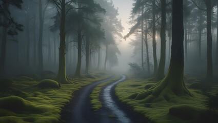 Obraz premium Misty forest path winds through moss-covered trees at dawn.