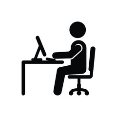 Stick figure at desk using computer icon vector illustration office worker symbol design