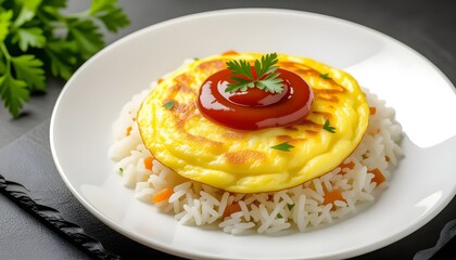 Omelette rice with tomato ketchup on a white plate against a black design board.