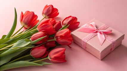 Fototapeta premium Red Tulip Bouquet with Pink Gift Box on Pastel Background for Romantic Celebration