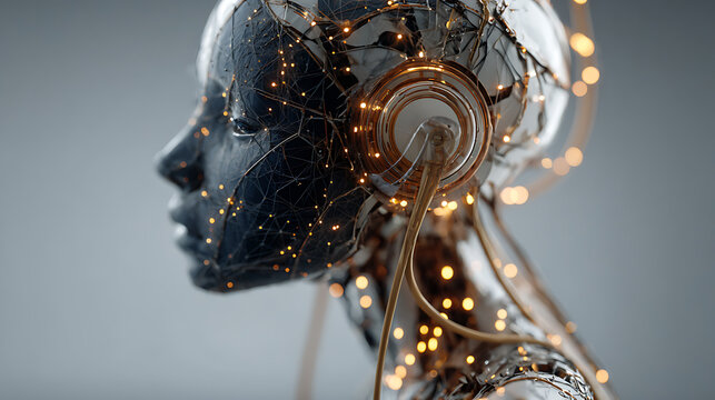 Ai robot with headphones listening to music artificial intelligence technology automation future concept