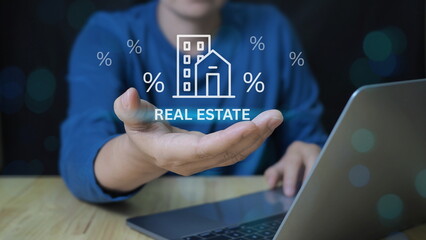digital interface showcases real estate investment processes including buying, owning, and selling properties online. concept highlights profit from cash flow, property appreciation, and tax benefits.