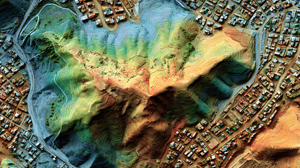 Aerial topography map elevation model lidar data visualization colorful urban landscape view