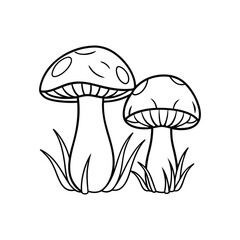 Simple outline drawing of two mushrooms growing in grass.