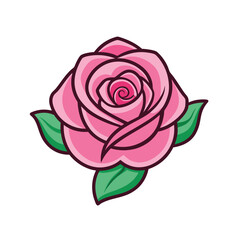 Beautiful pink rose flower illustration with green leaves isolated on white.