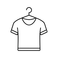 Simple line art icon of a t shirt hanging on a clothes hanger.
