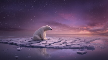 Fototapeta premium Lonely Polar Bear on Melting Ice During Snowfall at Sunset – Climate Change Concept