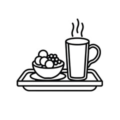 Simple line art illustration of a breakfast tray with fruit bowl and hot beverage..